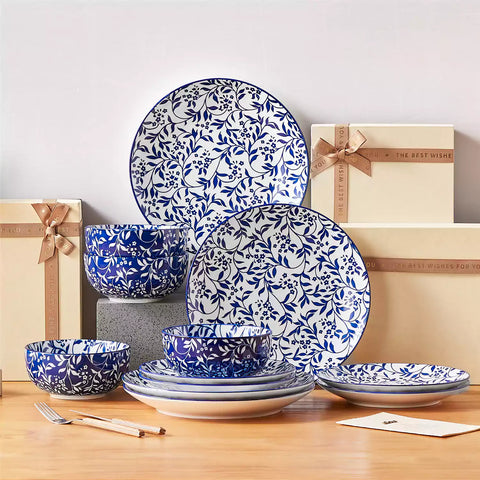 Selene 12-Piece Porcelain Dinnerware Set with blue and white Vine pattern and Japanese-inspired design - including matching plates and bowls-vancasso