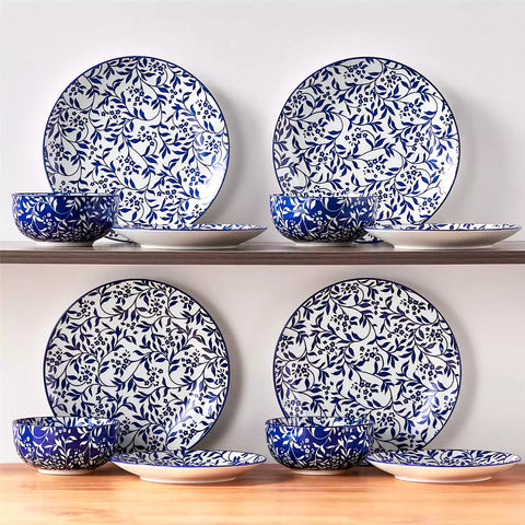 Selene 12-Piece Porcelain Dinnerware Set with blue and white Vine pattern and Japanese-inspired design - including matching plates and bowls-vancasso