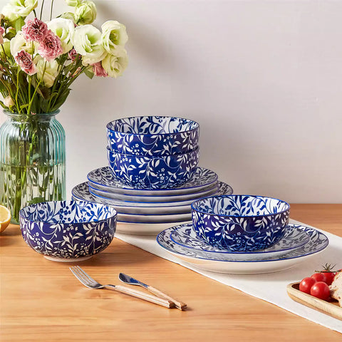 Selene 12-Piece Porcelain Dinnerware Set with blue and white Vine pattern and Japanese-inspired design - including matching plates and bowls-vancasso