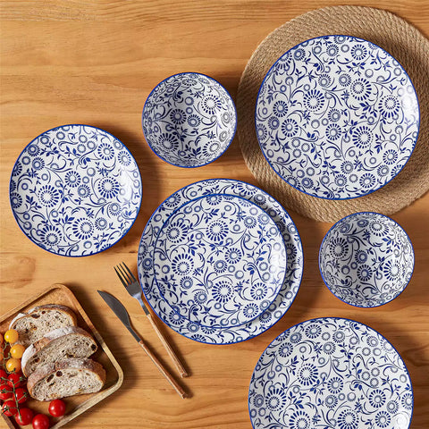 Selene 12-Piece Porcelain Dinnerware Set with blue and white Sol pattern and Japanese-inspired design - including matching plates and bowls-vancasso