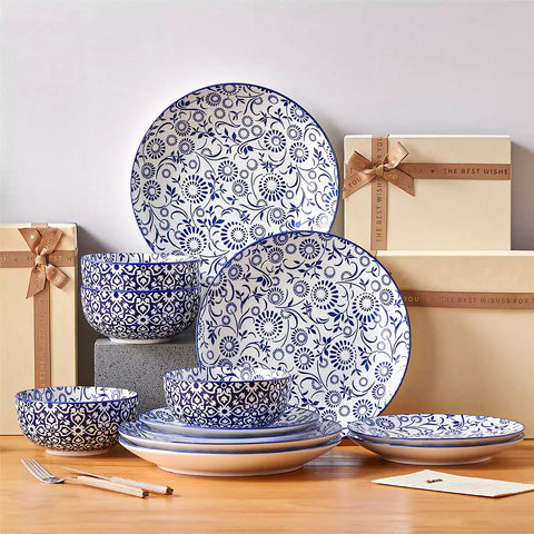 Selene 12-Piece Porcelain Dinnerware Set with blue and white Sol pattern and Japanese-inspired design - including matching plates and bowls-vancasso