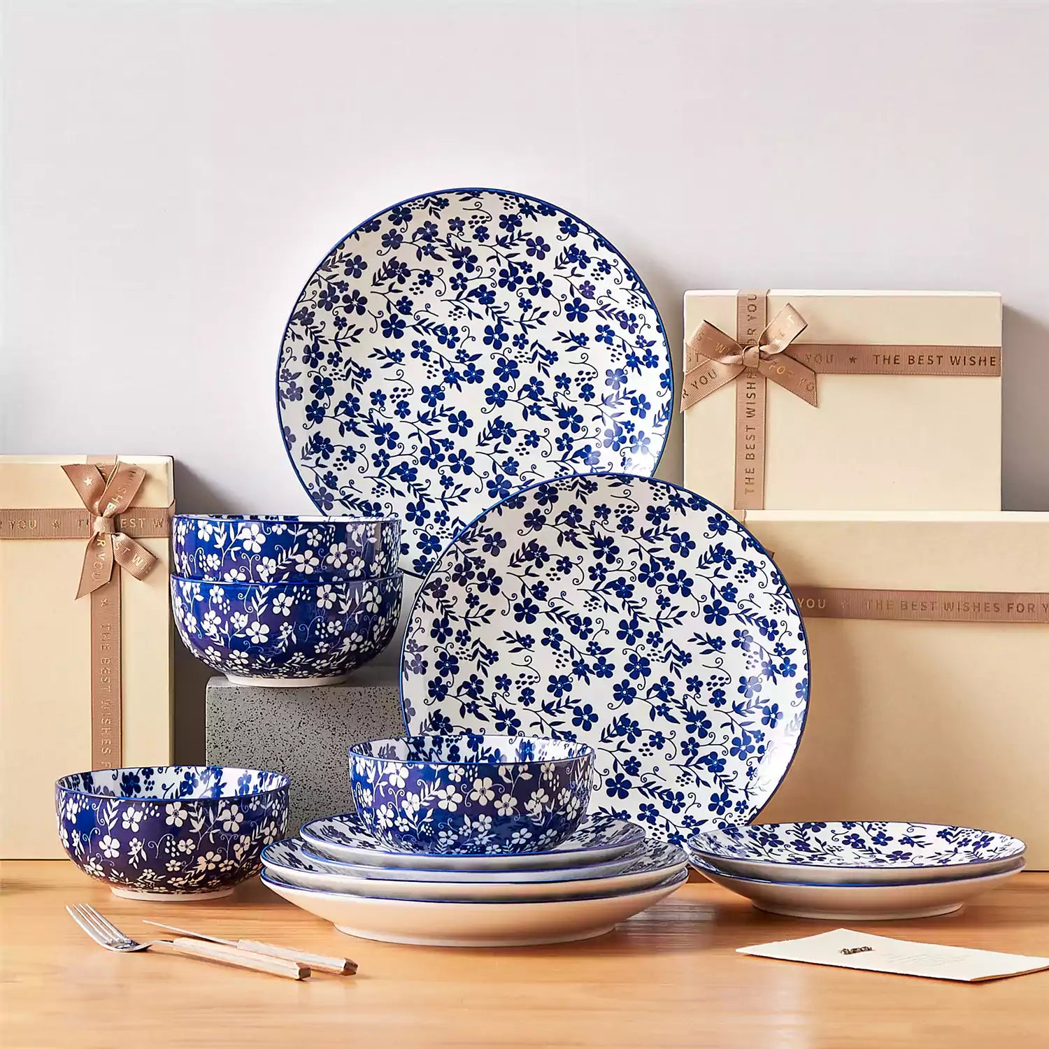 Selene 12-Piece Porcelain Dinnerware Set with blue and white Starry pattern and Japanese-inspired design - including matching plates and bowls-vancasso