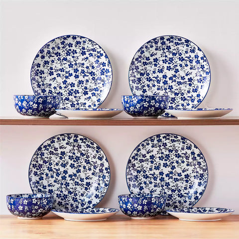 Selene 12-Piece Porcelain Dinnerware Set with blue and white Starry pattern and Japanese-inspired design - including matching plates and bowls-vancasso
