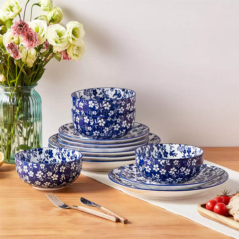 Selene 12-Piece Porcelain Dinnerware Set with blue and white Starry pattern and Japanese-inspired design - including matching plates and bowls-vancasso