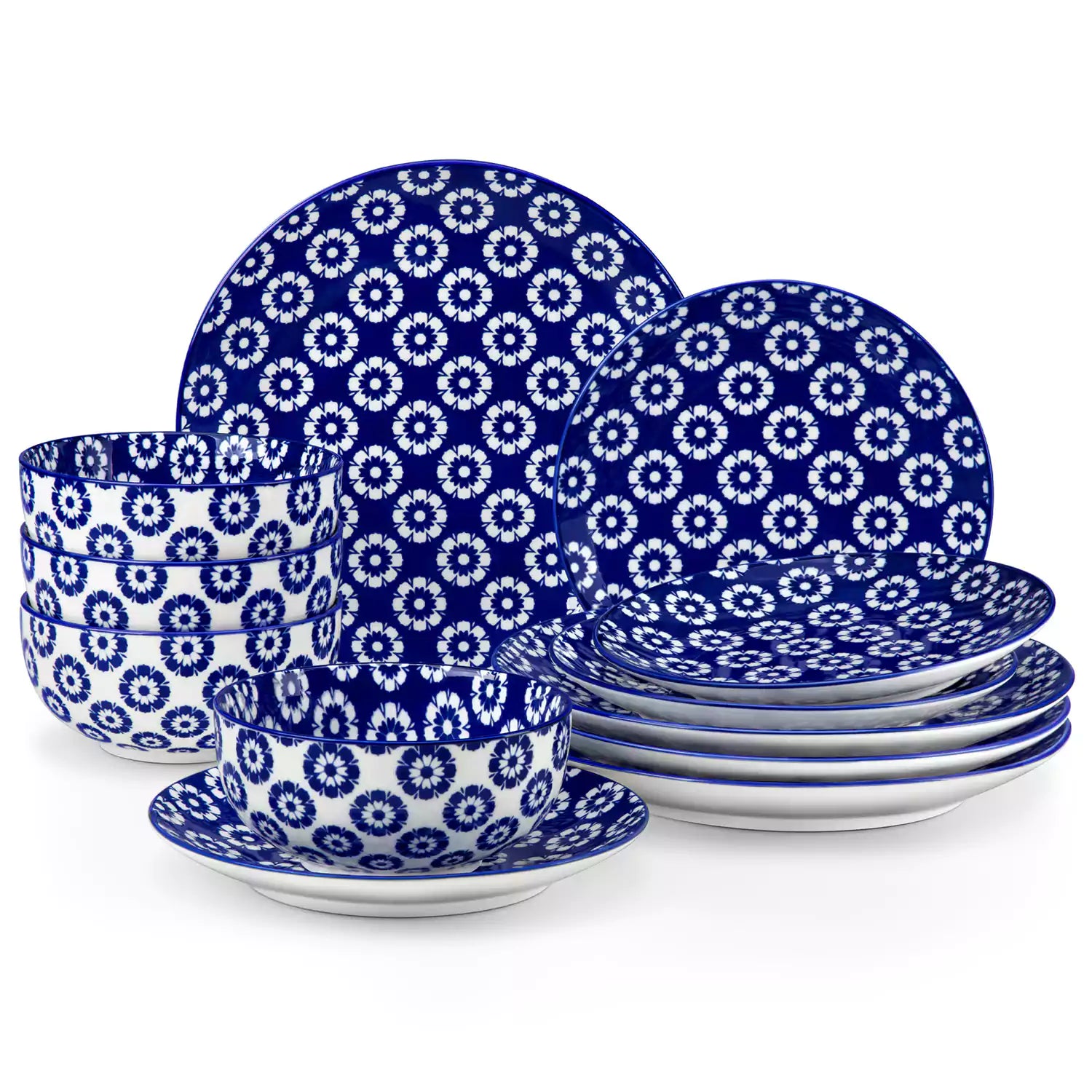 Selene 12-Piece Porcelain Dinnerware Set with blue and white Daisy pattern and Japanese-inspired design - including matching plates and bowls-vancasso