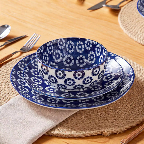 Selene 12-Piece Porcelain Dinnerware Set with blue and white Daisy pattern and Japanese-inspired design - including matching plates and bowls-vancasso