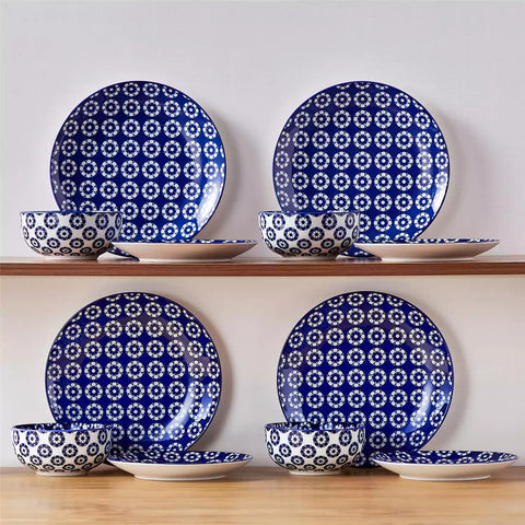 Selene 12-Piece Porcelain Dinnerware Set with blue and white Daisy pattern and Japanese-inspired design - including matching plates and bowls-vancasso