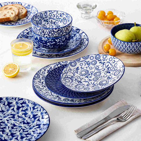 Selene 12-Piece Porcelain Dinnerware Set with blue and white glaze and Japanese-inspired design - including matching plates and bowls-vancasso