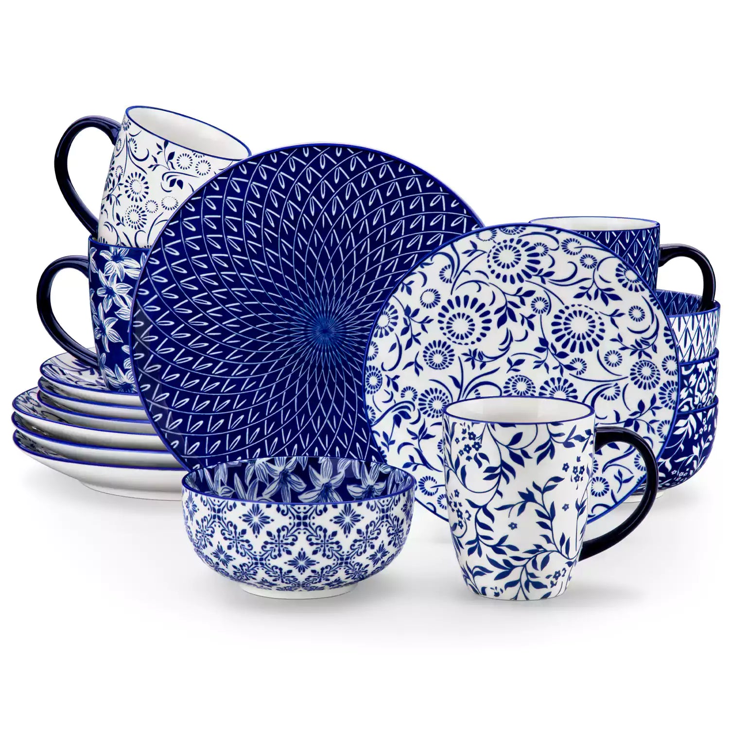 Selene 16-piece porcelain set in indigo patterns - showcasing plates - bowls - and mugs beautifully styled with vibrant meals on a rustic wooden table
