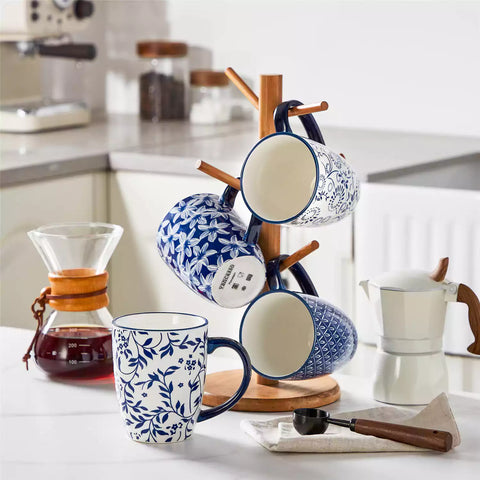 Mix and match Asian inspired porcelain mugs with Japanese indigo patterns on a coffee table