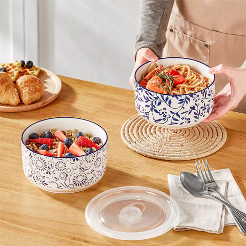 Selene blue-and-white floral porcelain food storage bowls set of 2 styled with fresh fruit and noodles on rustic wood table Japanese-inspired ceramic kitchenware for modern home dining