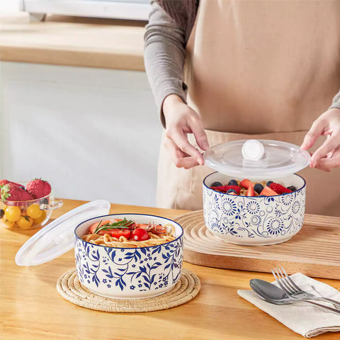 Selene blue-and-white floral porcelain food storage bowls set of 2 styled with fresh fruit and noodles on rustic wood table Japanese-inspired ceramic kitchenware for modern home dining