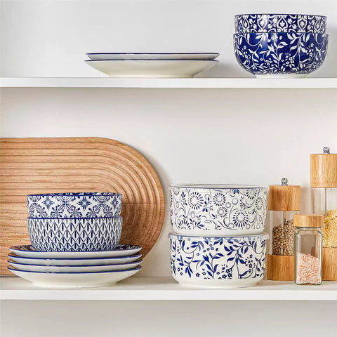 Selene blue-and-white floral porcelain food storage bowls set of 2 styled with fresh fruit and noodles on rustic wood table Japanese-inspired ceramic kitchenware for modern home dining