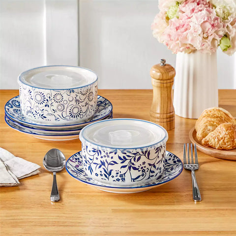 Selene blue-and-white floral porcelain food storage bowls set of 2 styled with fresh fruit and noodles on rustic wood table Japanese-inspired ceramic kitchenware for modern home dining