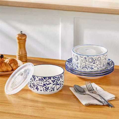 Selene blue-and-white floral porcelain food storage bowls set of 2 styled with fresh fruit and noodles on rustic wood table Japanese-inspired ceramic kitchenware for modern home dining