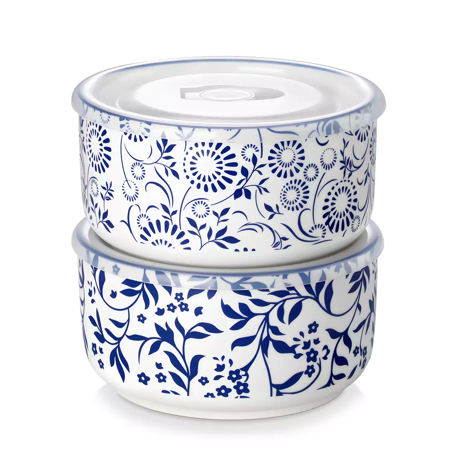 Selene blue-and-white floral porcelain food storage bowls set of 2 styled with fresh fruit and noodles on rustic wood table Japanese-inspired ceramic kitchenware for modern home dining