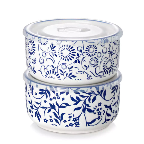 Selene blue-and-white floral porcelain food storage bowls set of 2 styled with fresh fruit and noodles on rustic wood table Japanese-inspired ceramic kitchenware for modern home dining