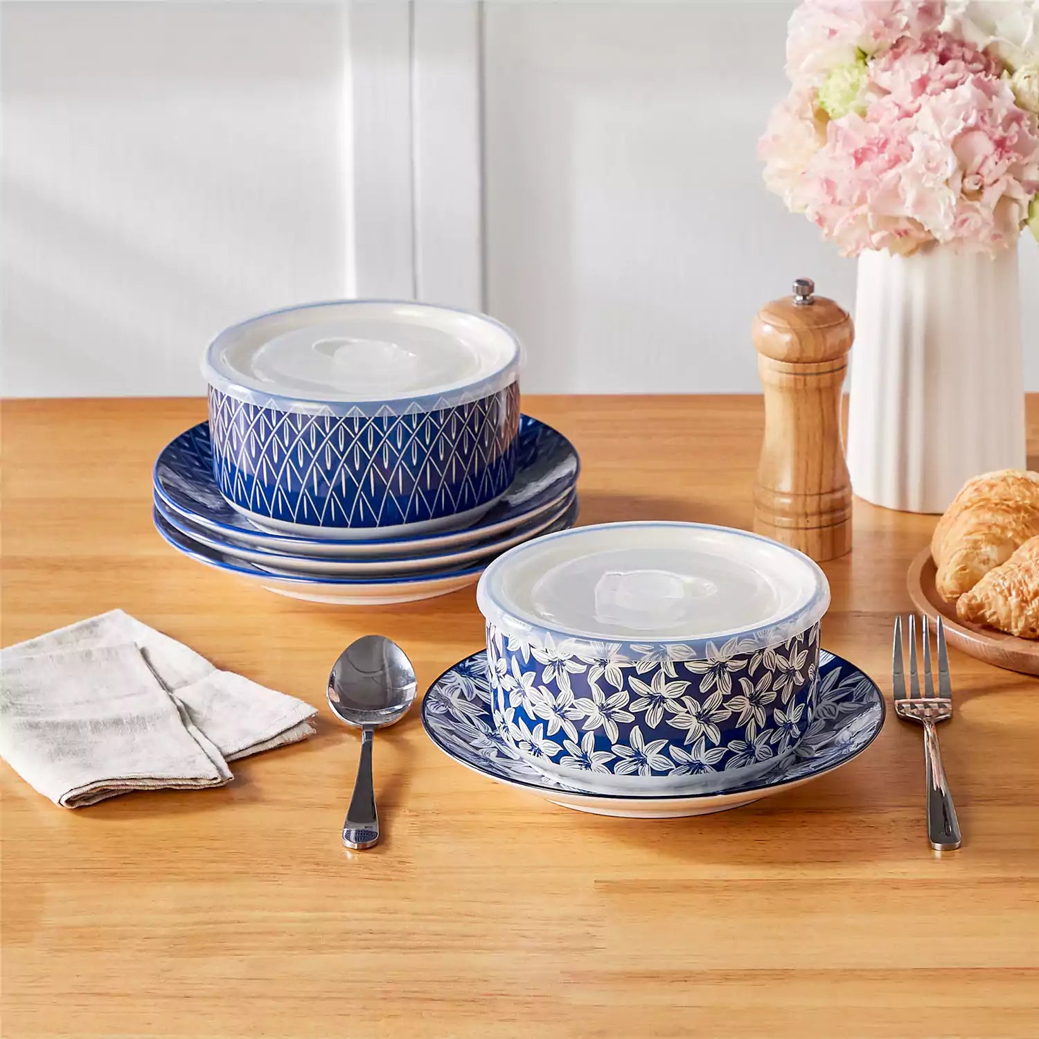 Selene deep blue and white floral porcelain food storage bowls set of 2 styled with fresh fruit and noodles on rustic wood table Japanese inspired ceramic kitchenware