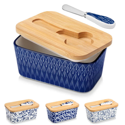 Selene porcelain butter dish Flame pattern with wood lid tabletop scene with bread and fruit
