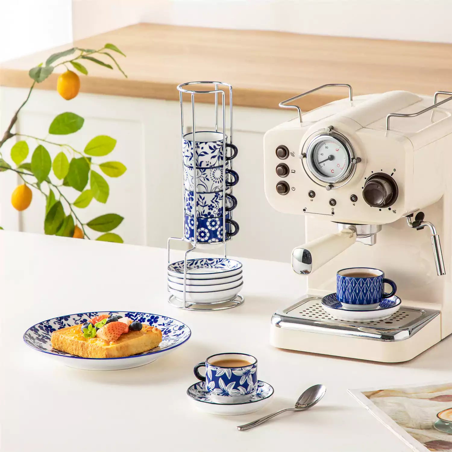 Stackable Selene 3oz blue and white indigo pattern porcelain espresso cups and saucers with a minimalist metal organizer