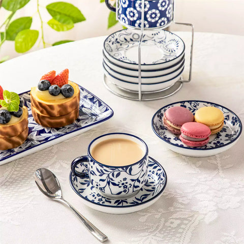 Stackable Selene 5oz blue and white indigo pattern porcelain espresso cups and saucers with a minimalist metal organizer