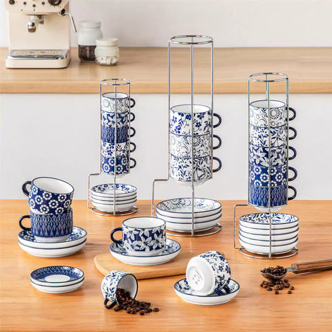 Stackable Selene 9oz blue and white indigo pattern porcelain espresso cups and saucers with a minimalist metal organizer