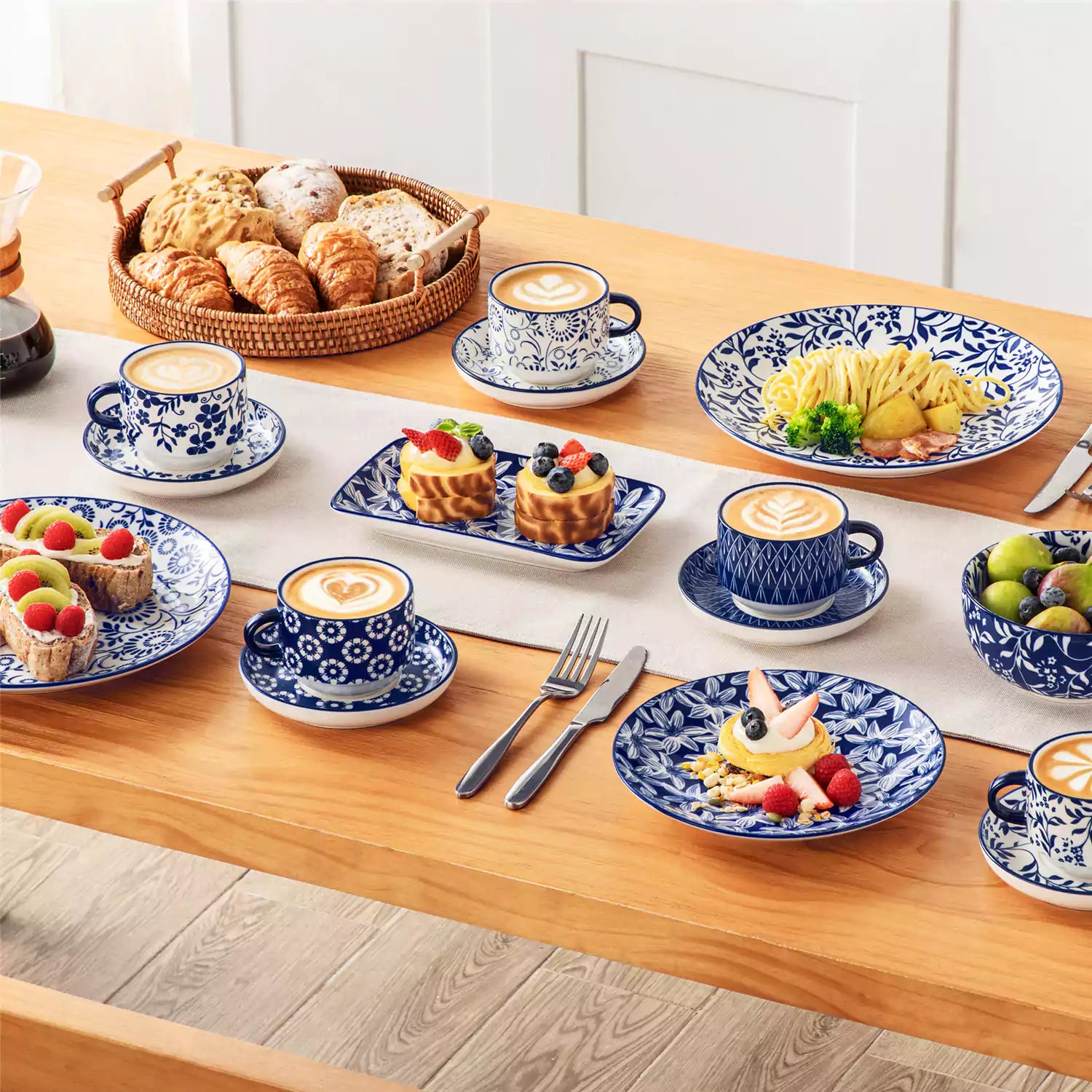 Stackable Selene 9oz blue and white indigo pattern porcelain espresso cups and saucers with a minimalist metal organizer