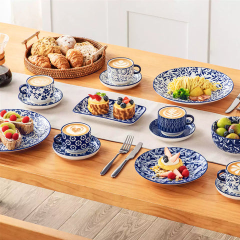 Stackable Selene 9oz blue and white indigo pattern porcelain espresso cups and saucers with a minimalist metal organizer