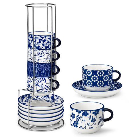 Stackable Selene 9oz blue and white indigo pattern porcelain espresso cups and saucers with a minimalist metal organizer