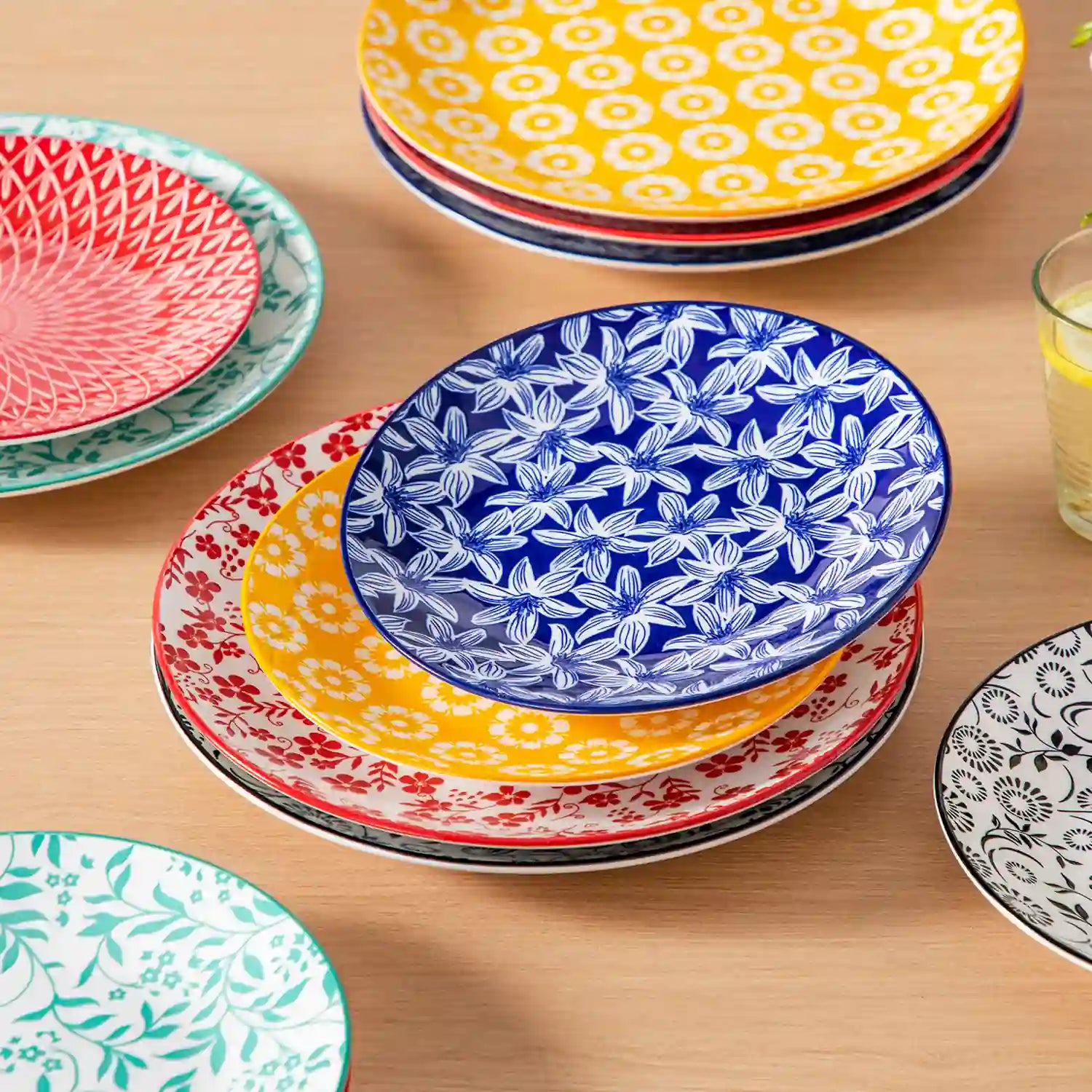 Selene porcelain vibrant salad plates set of 6 colorful floral geometric tabletop scene with cutlery