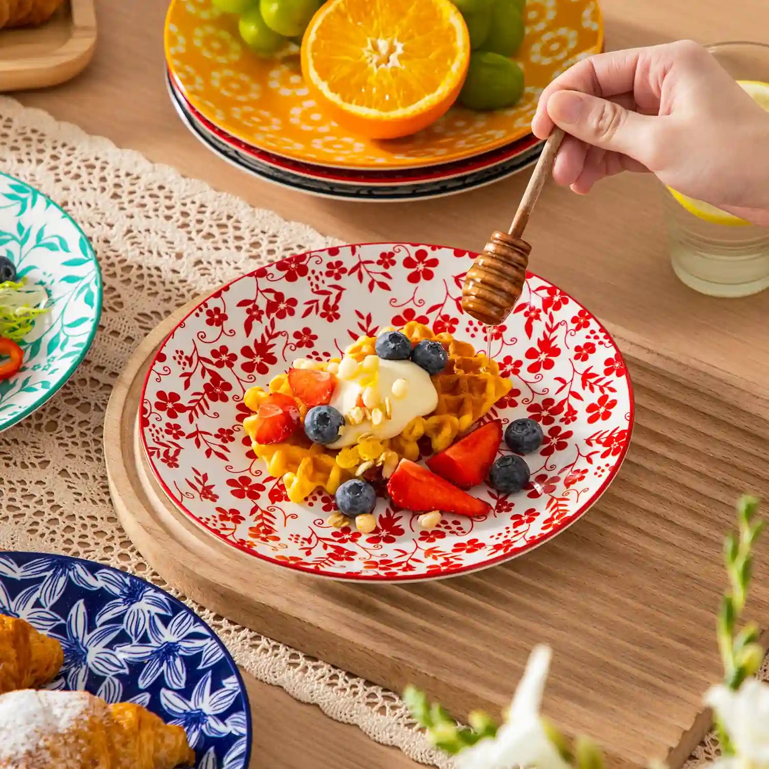 Selene porcelain vibrant salad plates set of 6 colorful floral geometric tabletop scene with cutlery