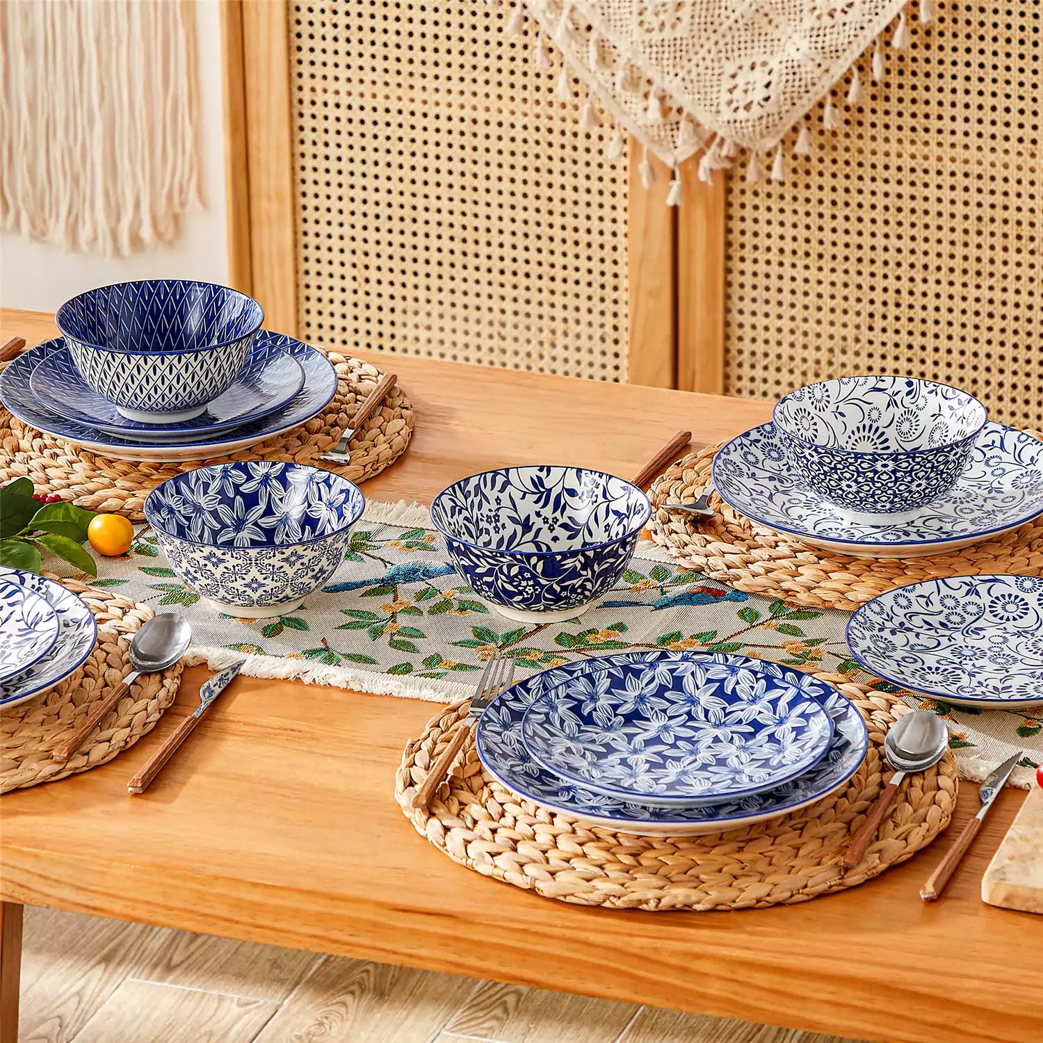 Selene porcelain cereal bowls set of 4 blue and white Japanese inspired floral pattern mix and match tableware styled with fruits and dishes on dining table