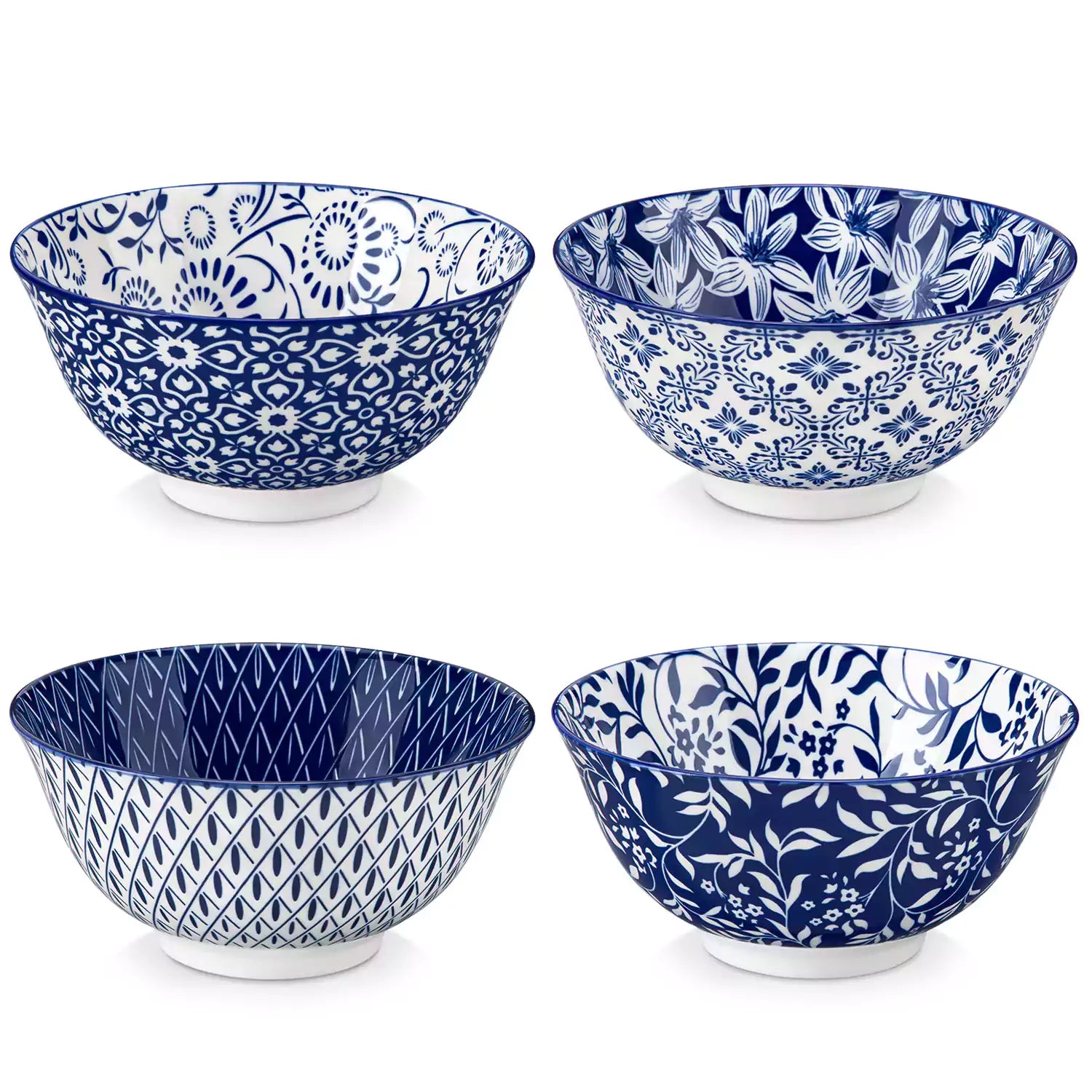 Selene porcelain cereal bowls set of 4 blue and white Japanese inspired floral pattern mix and match tableware styled with fruits and dishes on dining table