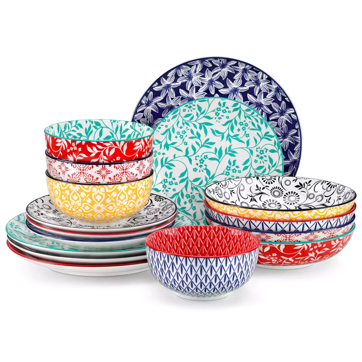 16 piece Japanese porcelain dinnerware set with indigo and earth tone floral geometric patterns on white ceramic plates and bowls