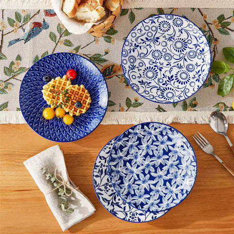Selene salad plates set of 4 styled with food cutlery and placemats on rustic wooden dining table