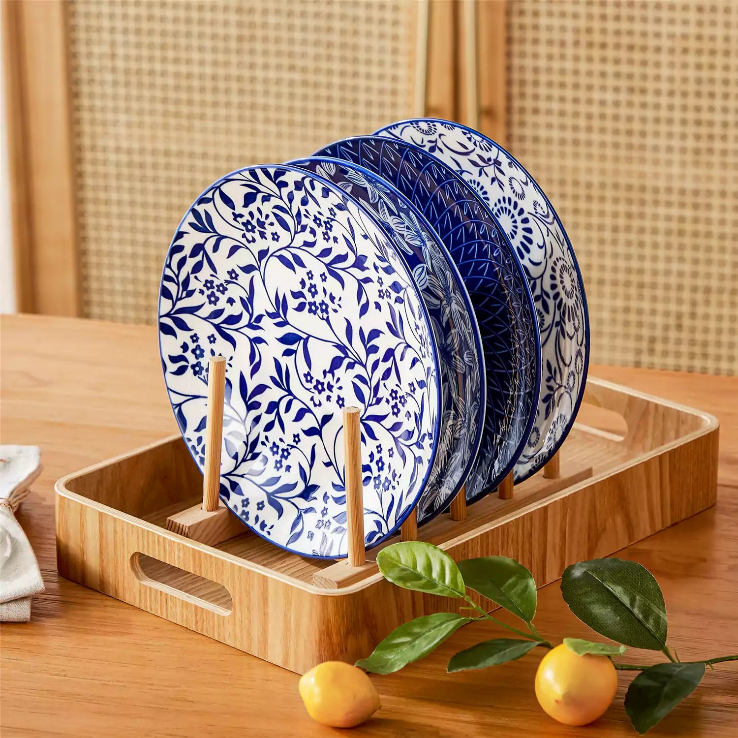 Selene salad plates set of 4 styled with food cutlery and placemats on rustic wooden dining table