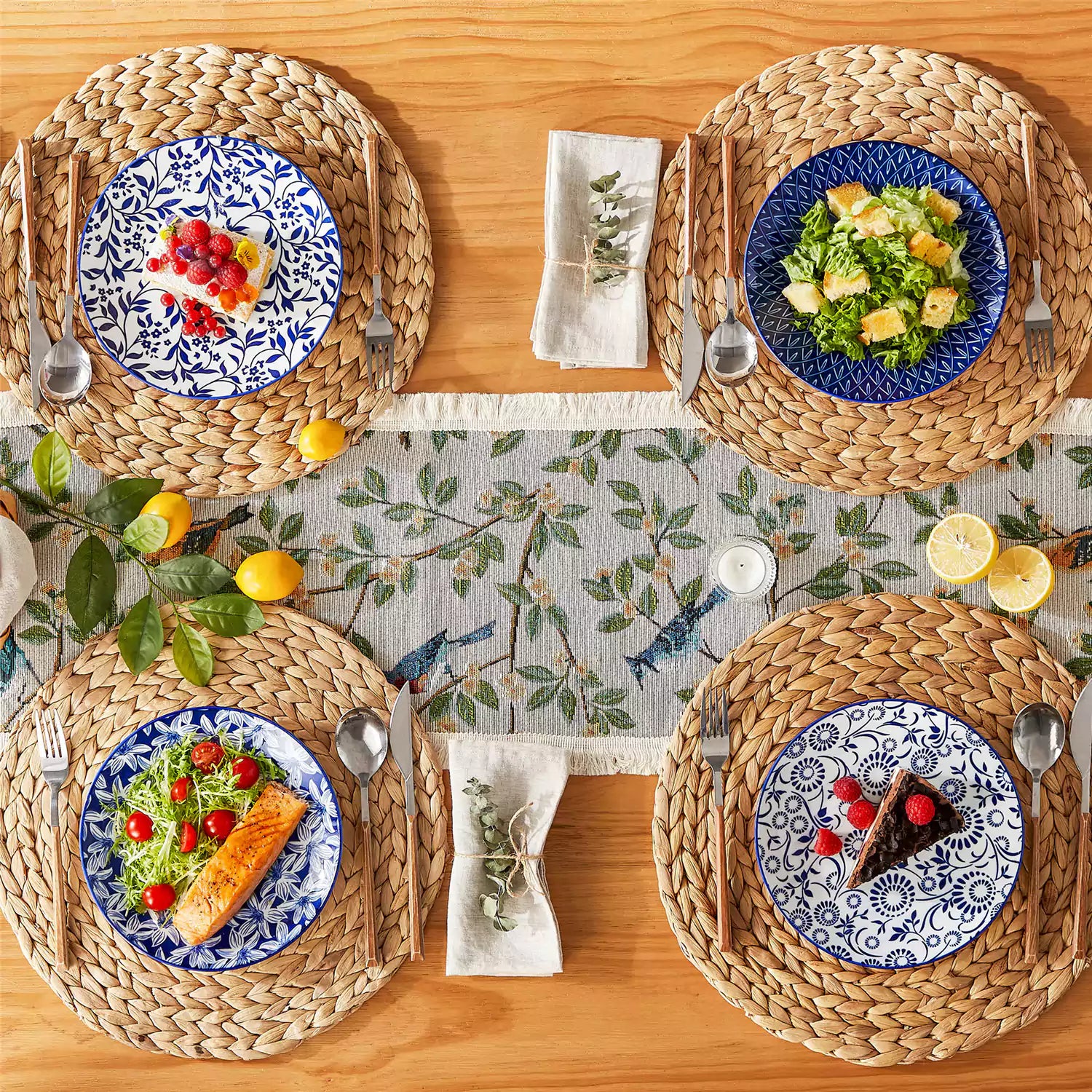 Selene salad plates set of 4 styled with food cutlery and placemats on rustic wooden dining table