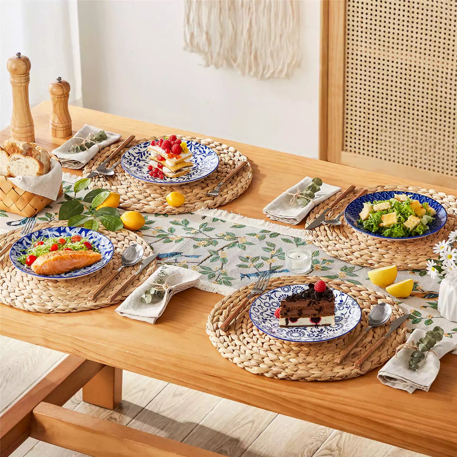 Selene salad plates set of 4 styled with food cutlery and placemats on rustic wooden dining table