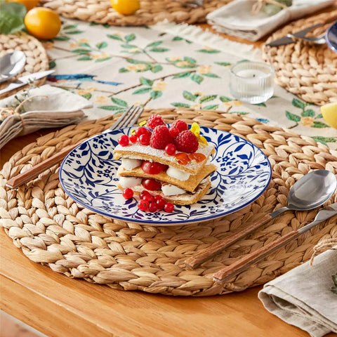 Selene salad plates set of 4 styled with food cutlery and placemats on rustic wooden dining table