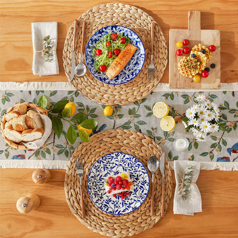 Selene salad plates set of 4 styled with food cutlery and placemats on rustic wooden dining table