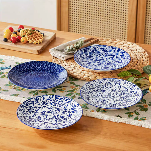 Selene salad plates set of 4 styled with food cutlery and placemats on rustic wooden dining table