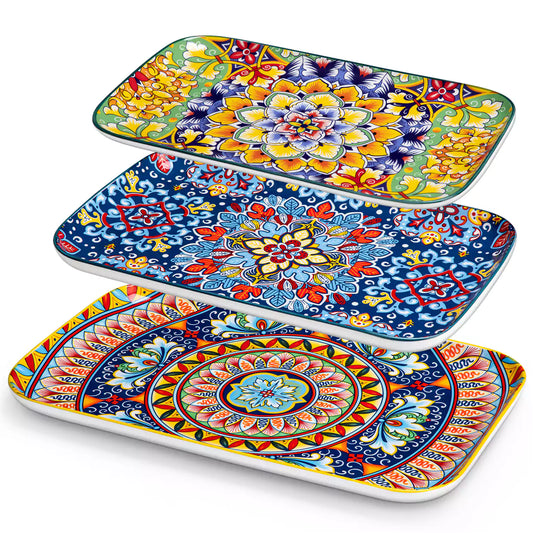 vancasso Simi Set Of 3 Rectangular Serving Platters With Bohemian-Inspired Patterns Perfect For Elegant Food Presentation - A 1500