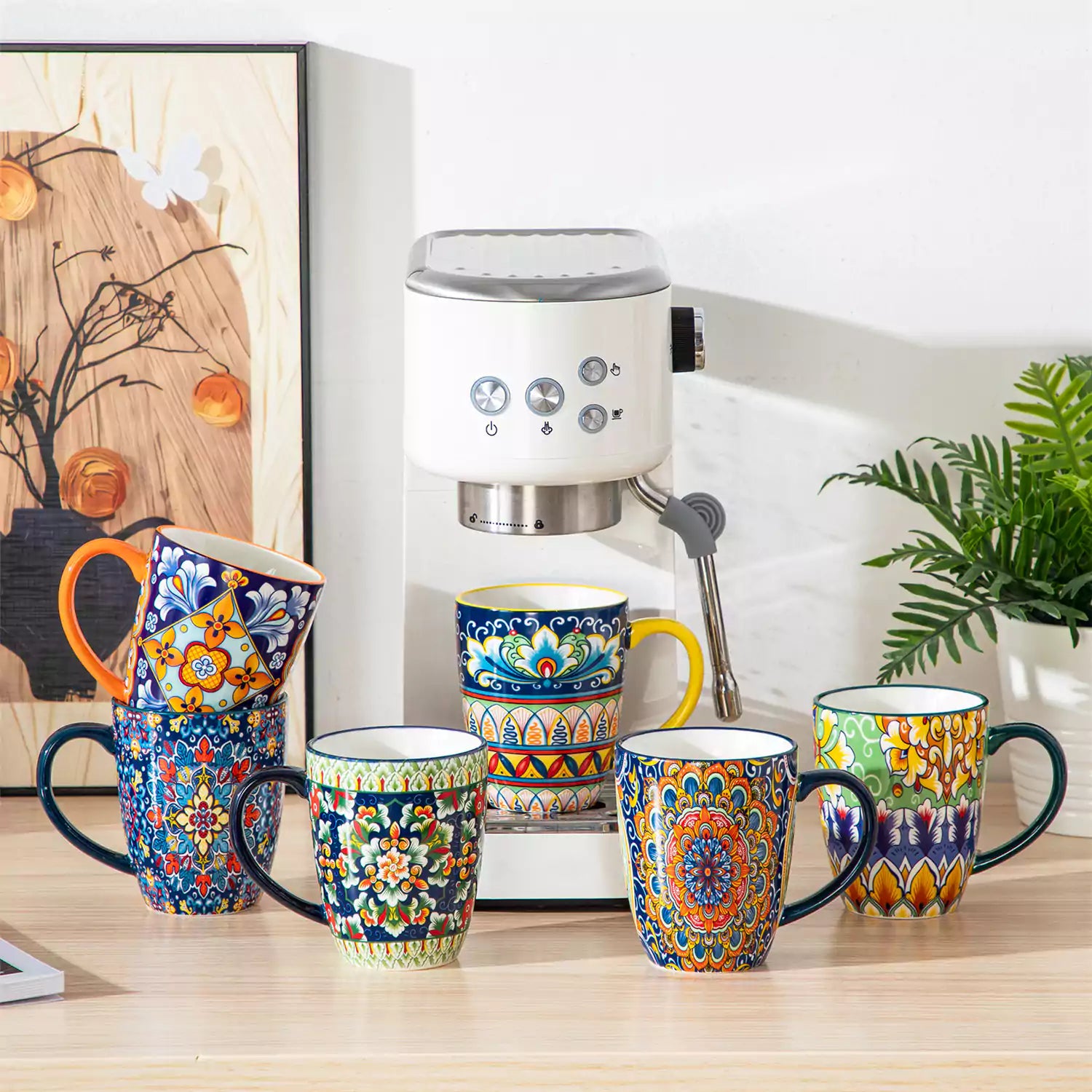 Simi 12oz boho coffee mugs set of 6 colorful ceramic cups  with bohemian pattern