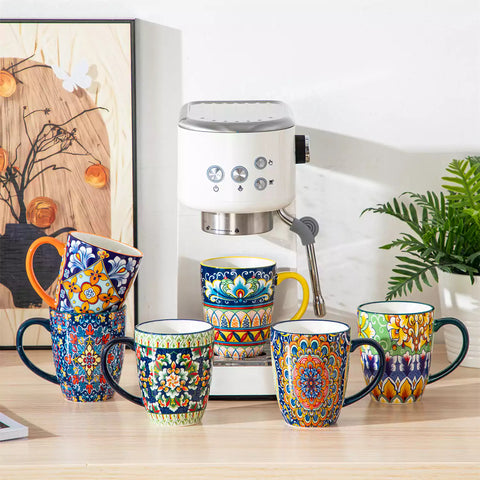 Simi 12oz boho coffee mugs set of 6 colorful ceramic cups  with bohemian pattern