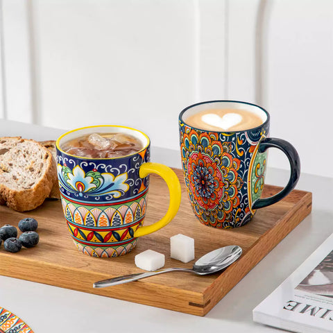 Simi 12oz boho coffee mugs set of 6 colorful ceramic cups with bohemian pattern