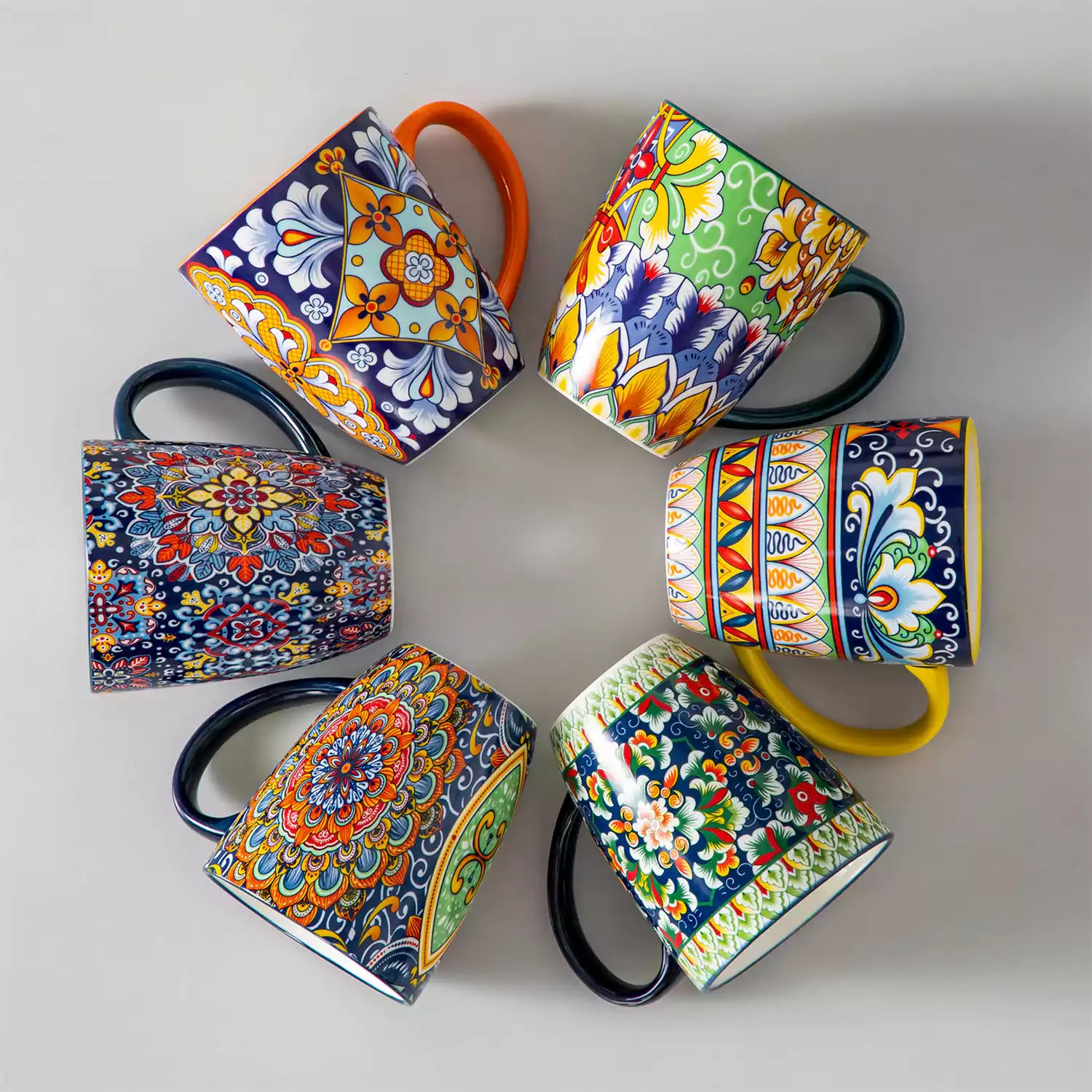 Simi 12oz boho coffee mugs set of 6 colorful ceramic cups with bohemian pattern