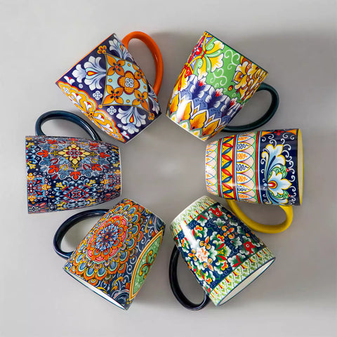 Simi 12oz boho coffee mugs set of 6 colorful ceramic cups with bohemian pattern
