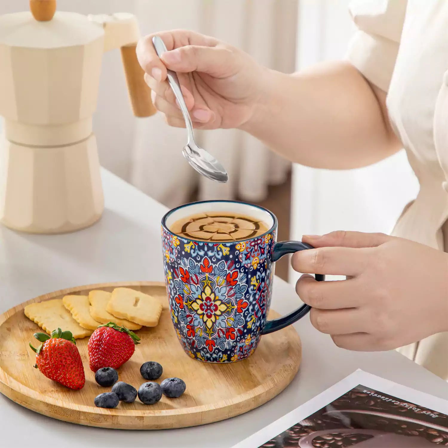 Simi 12oz boho coffee mugs set of 6 colorful ceramic cups with bohemian pattern