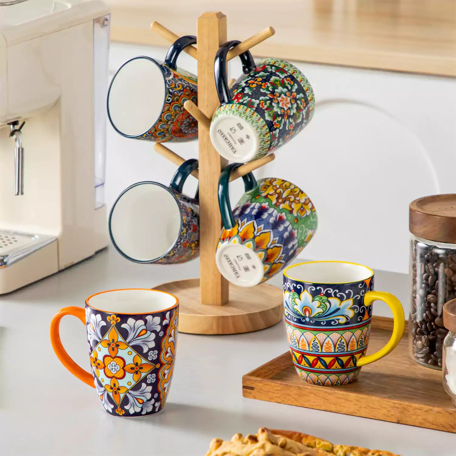 Simi 12oz boho coffee mugs set of 6 colorful ceramic cups with bohemian pattern 
