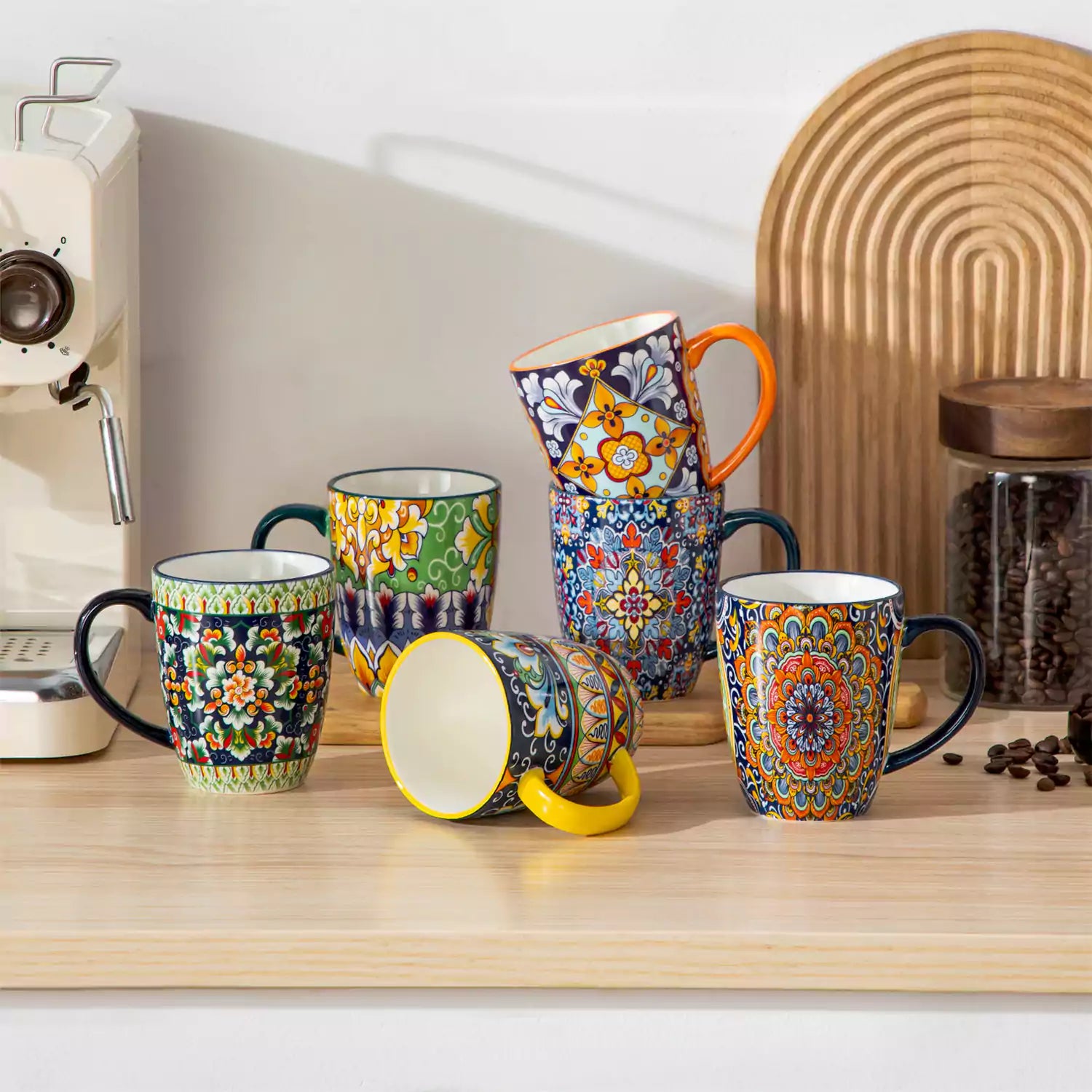Simi 12oz boho coffee mugs set of 6 colorful ceramic cups with bohemian pattern